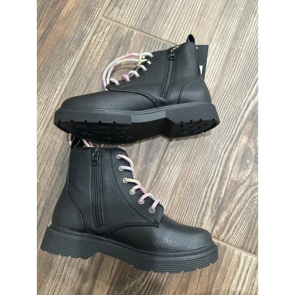 Art Class Combat Boots Kids Size 2 Black Rainbow Laces‎ Side Zip NWT